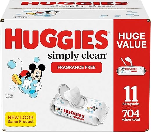 HUGGIES Simply Clean Baby Wipes Flip Lid Packs 704 Wipes Total, White, Unscented, 11 Count