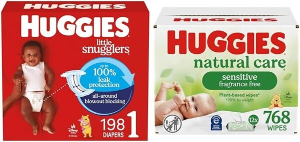 Little Snugglers Bundle: Huggies Little Snugglers Baby Diapers, Size 1 (8-14 lbs), 198 Count & Huggies Natural Care Sensitive Baby Wipes, 768 Count…