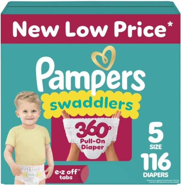 Pampers Diapers – Swaddlers 360° – Size 5, 116 Count, up to 100% Leakproof Comfy Dry Fit, Designed for Easy Changes, Pull On Baby Diaper (Packaging…
