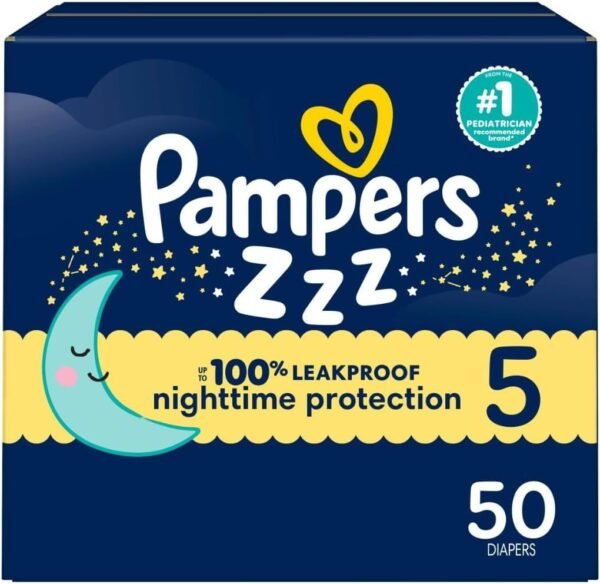 Pampers ZZZ Overnight Diapers, Size 5 (27+ lbs), 50 Count, Nighttime Protection Disposable Baby Diaper, Night Time Leak and Skin Protection